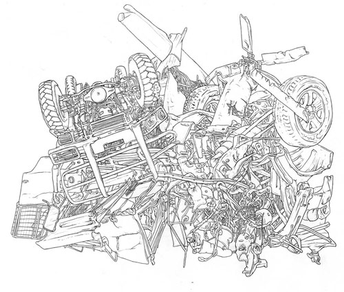 scott teplin crashes graphite ink watercolor drawing