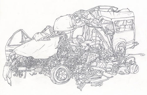 scott teplin crashes graphite ink watercolor drawing