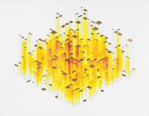gold leaf and pencil drawings by artist James Bills golden parachutes