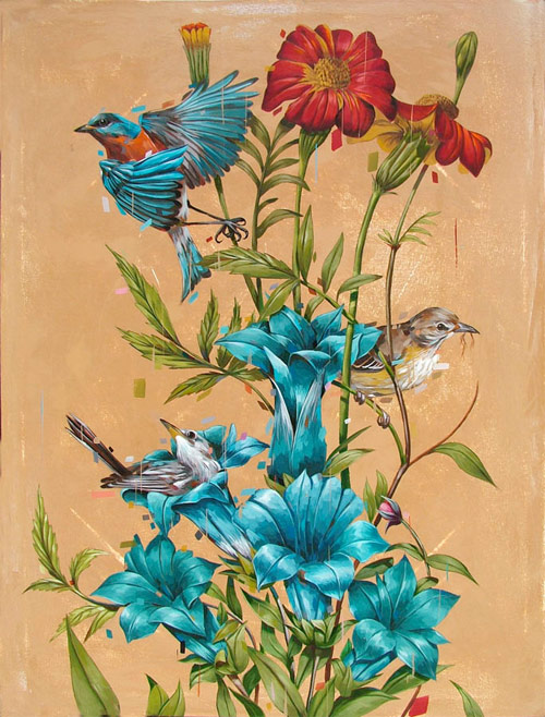 frank gonzales artist painter painting two birds flowers