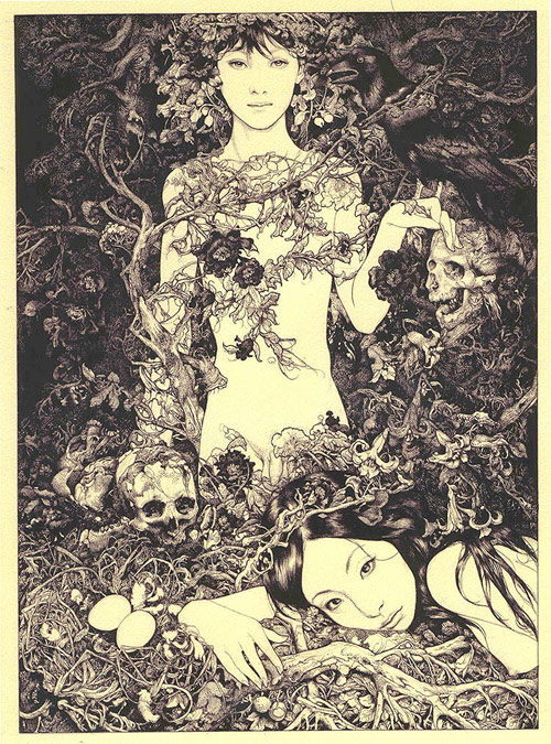 Artist Vania Zouravliov two girls with a skull in the woods drawing