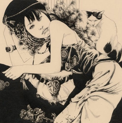 Artist Vania Zouravliov girl with a cat and dress drawing