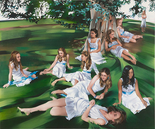 rebecca campbell bunch of girls under a tree wearing dresses artist painter painting