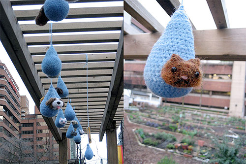 yarnbombing knit graffiti howie woo woowork vancouver davie village community garden street art raining cats and dogs