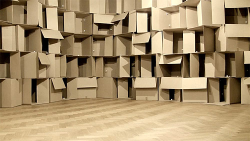 Prepared dc-motors cardboard boxes by Zimoun
