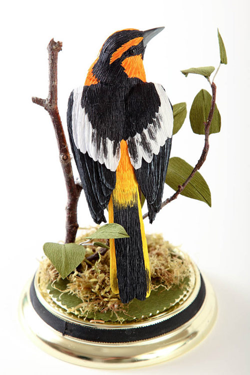 Vegan Taxidermy crepe paper birds by artist Aimee Baldwin