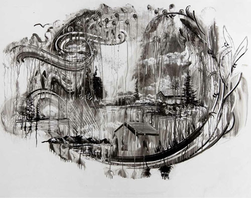 Sumi ink paintings on whiteboard by Gregory Euclide