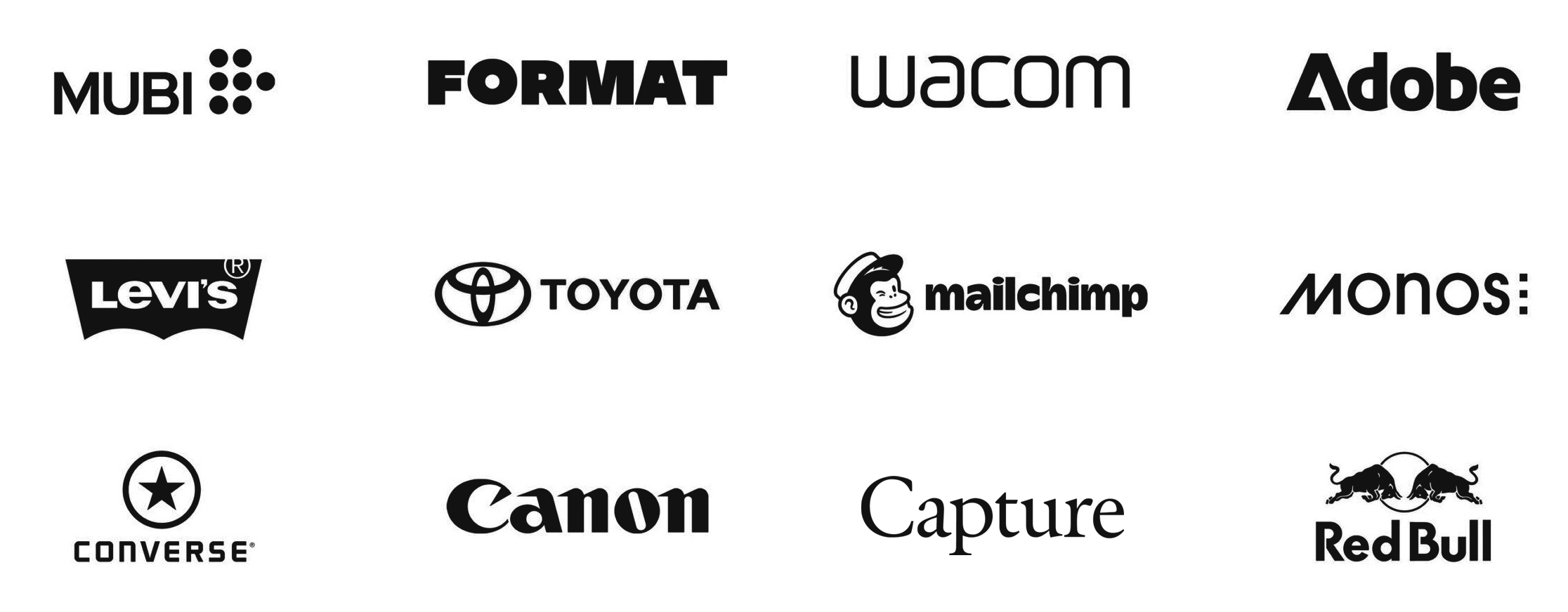 Client logos including MUBI, FORMAT, Wacom, Adobe, Levi's, Toyota, Mailchimp, Monos, Converse, Canon, Moleskine, and Red Bull