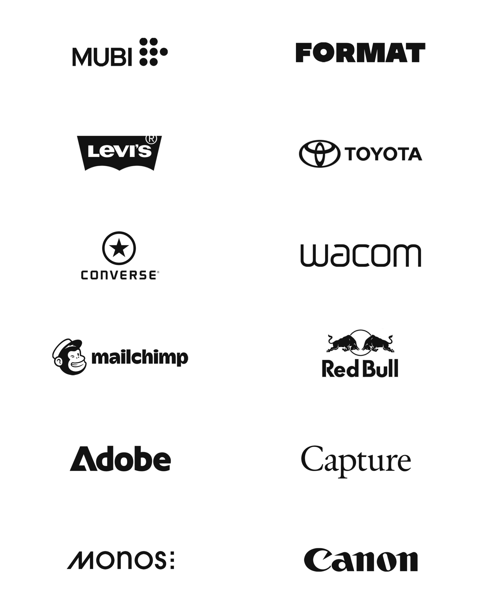 Client logos including MUBI, FORMAT, Wacom, Adobe, Levi's, Toyota, Mailchimp, Monos, Converse, Canon, Moleskine, and Red Bull